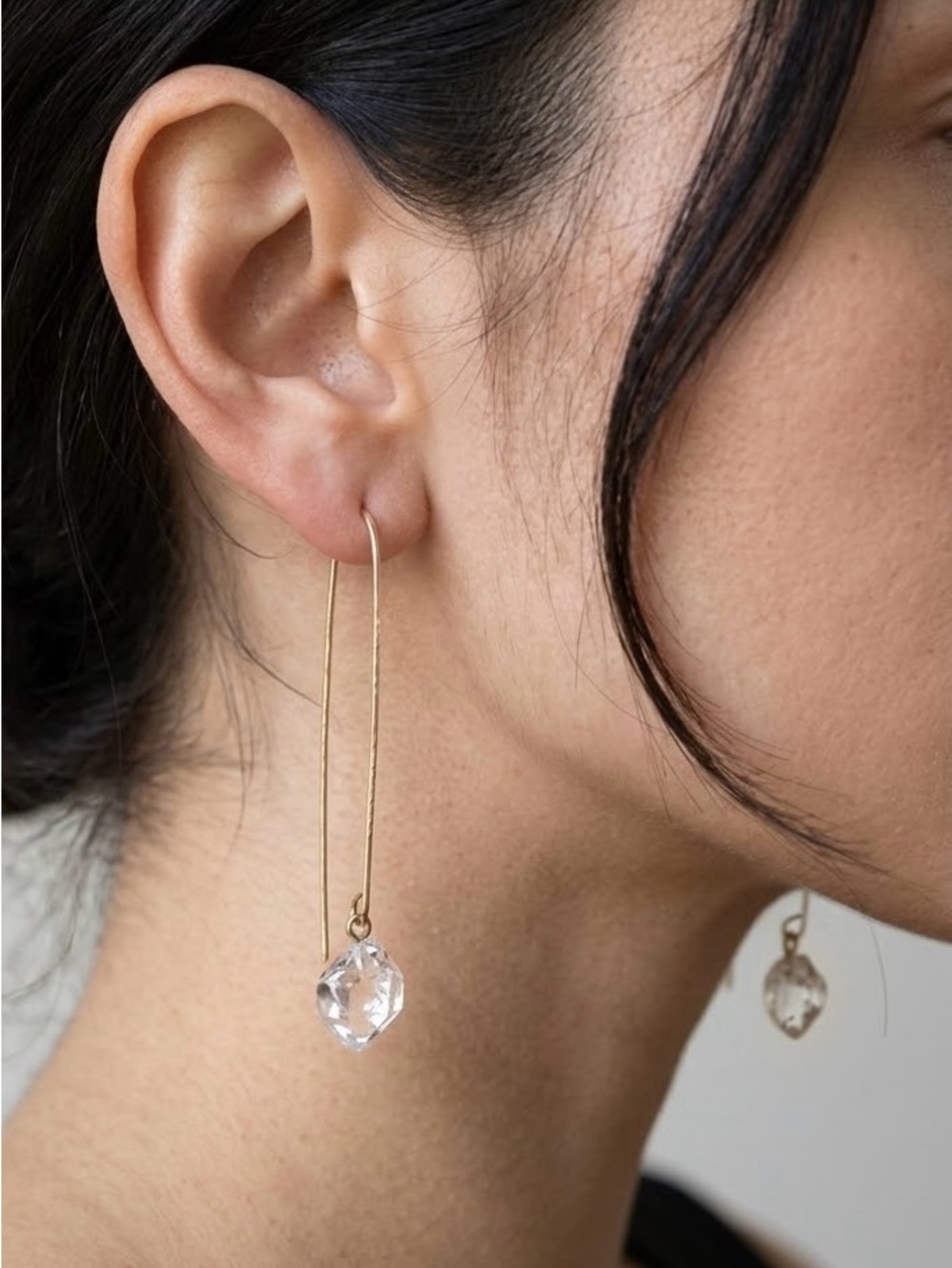 Raw Herkimer Diamond Quartz Gold Arch Threader Earrings